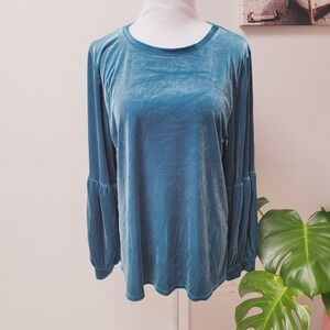 Halogen Top XL Blue Velvet Long Bell Ruffle Sleeve Elegant Blouse‎ Loose Shir5